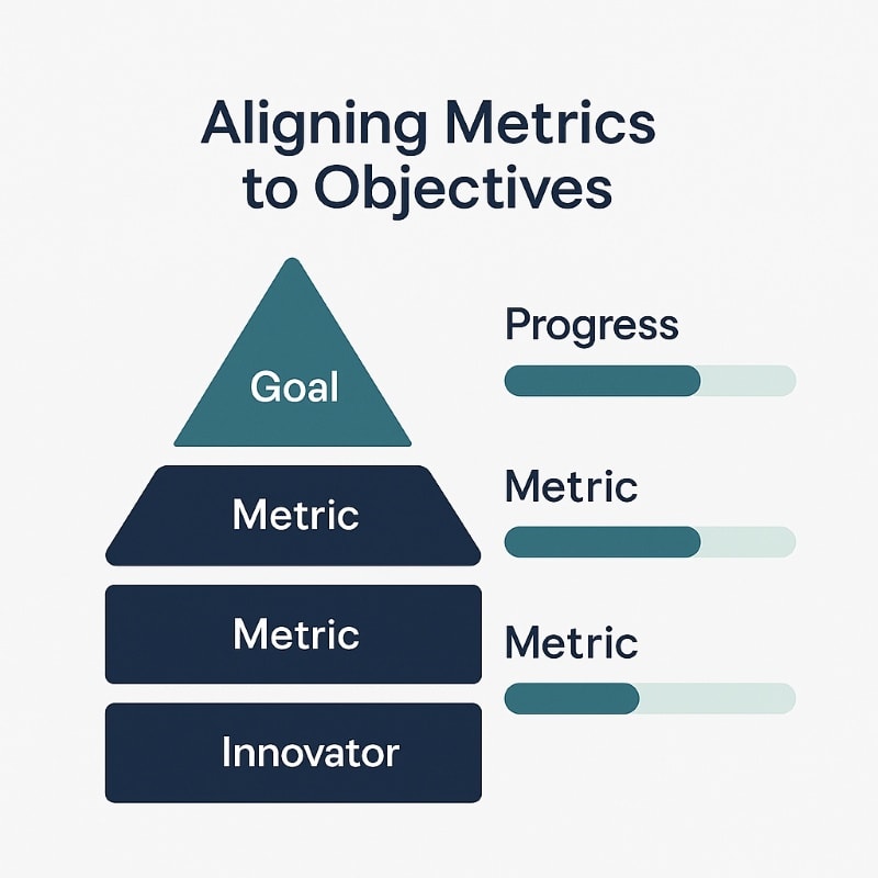 Infographic titled “Aligning Metrics to Objectives” showing a pyramid structure that cascades from a top-level “Goal” to multiple “Metric” layers, each with corresponding horizontal progress bars. The pyramid is colored in navy and teal tones, with progress bars in matching hues on the right. The layout is clean and minimalist, set against a light gray background, visually reinforcing how metrics support goal alignment rather than replacing it. ChatGPT fragen