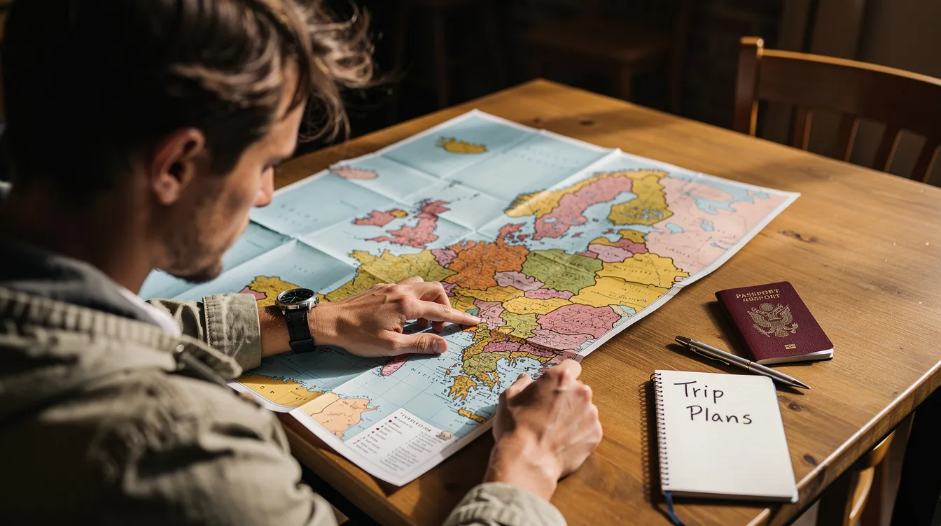 A traveller is studying a large paper map of Europe laid out on a table, with a valid passport placed beside it, suggesting preparations for a trip to Schengen countries. The scene evokes the excitement of planning a journey through multiple entry points within the European Union.