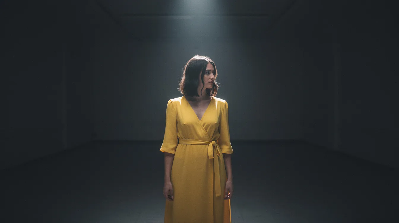 Eine junge Frau in einem leuchtend gelben Kleid steht allein in einem schwach beleuchteten Raum, während ein einzelner Scheinwerfer ihr Gesicht beleuchtet. Die Szene erinnert an die Atmosphäre eines Jazz Clubs und könnte aus einem Musical wie "La La Land" stammen, in dem Träume und Liebe im Mittelpunkt stehen.