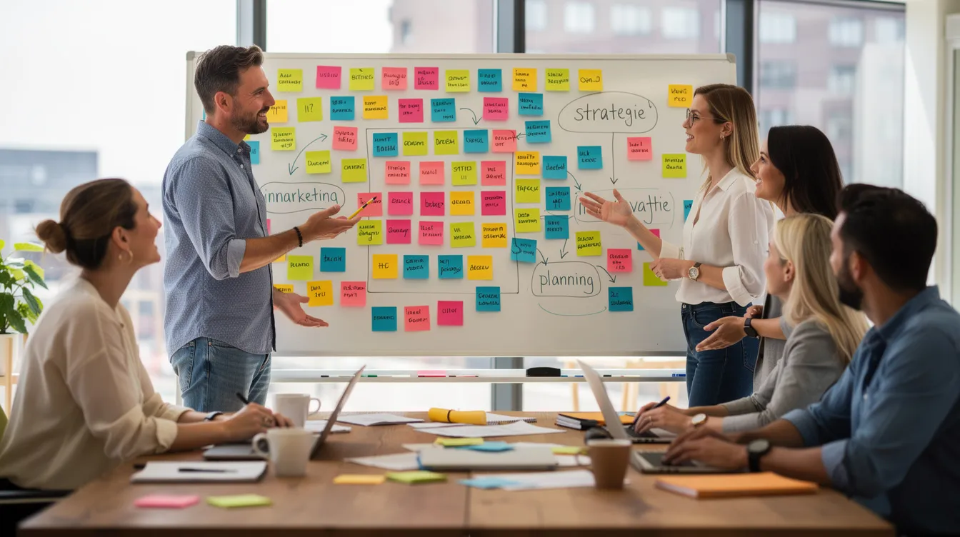 Een groep ondernemers is bezig met brainstormen, omringd door kleurrijke post-it notities die op een groot whiteboard zijn geplakt. Ze gebruiken creatieve technieken om nieuwe ideeën te ontwikkelen en hun gedachten te structureren.