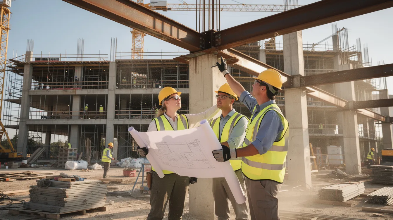 A group of construction workers, equipped with hard hats and safety vests, is conducting a site inspection on a commercial building jobsite, focusing on structural work to ensure compliance with safety standards and quality control. This construction site inspection highlights the importance of risk management and adherence to regulatory requirements in the construction industry.