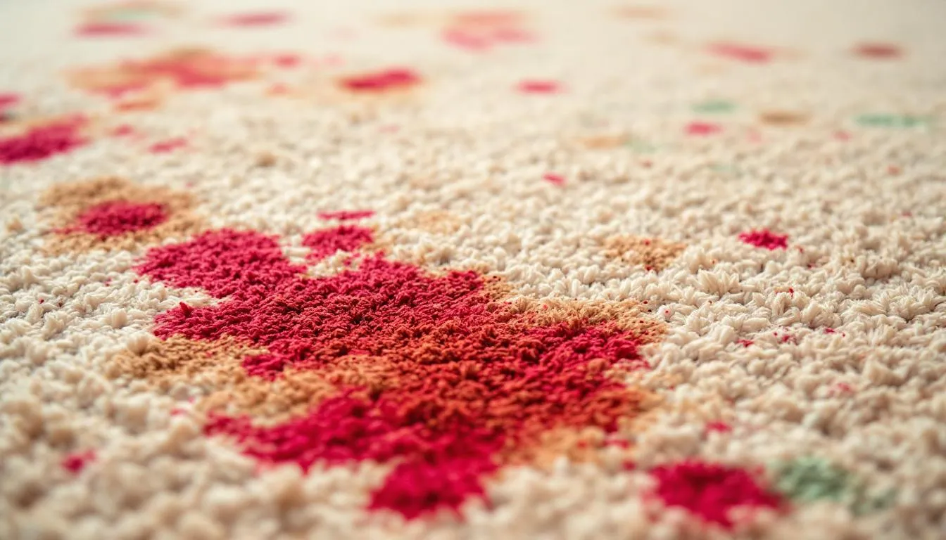 Top 3 Best Carpet Cleaning Home Tips for a Fresh and Spotless Floor 6 Close-up of a carpet with various stains before cleaning.