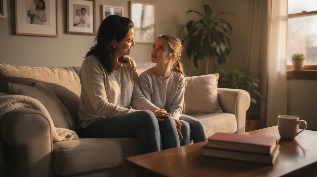 Une mère et sa fille sont assises dans un cadre domestique, engagées dans une conversation sereine, évoquant peut-être des sujets liés à la santé féminine et au cycle menstruel. Leur échange reflète une atmosphère de confiance et de compréhension, essentielle pour aborder des thèmes comme les premières règles et les différentes phases du cycle menstruel.