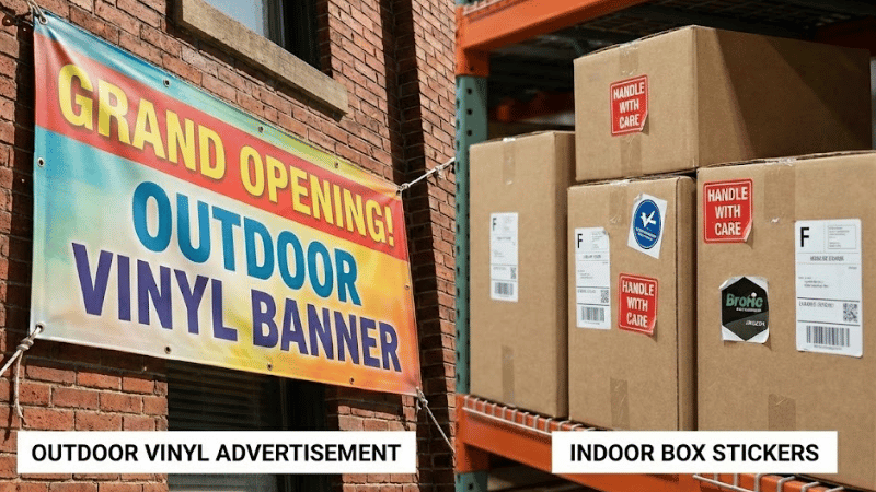 Outdoor printable vinyl advertising film vs. stickers on indoor boxes