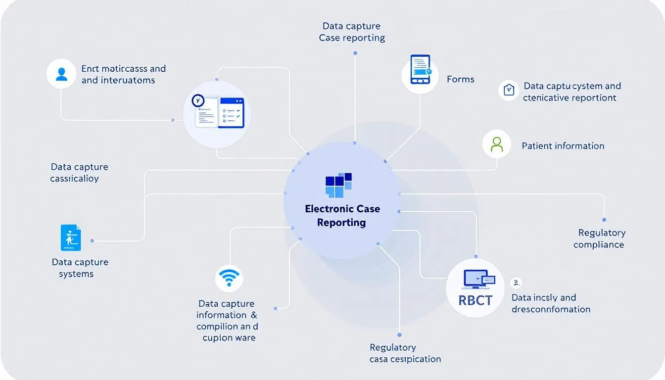 A visual representation of electronic case reporting, showing various forms and data capture systems.