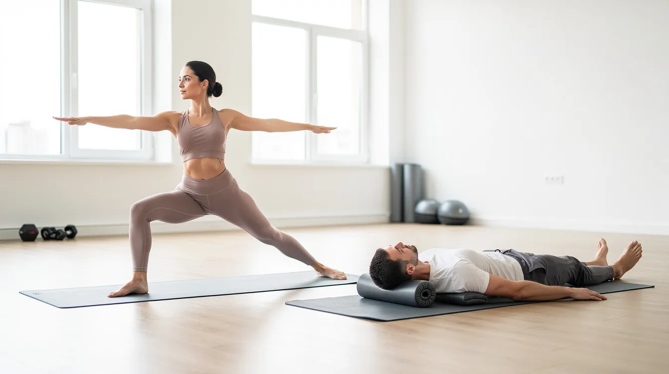 Zwei Personen üben in einem hellen Studio auf ihren Trainingsmatten: Eine Person befindet sich in einer Yoga-Pose, während die andere auf dem Rücken liegt und Pilates-Übungen macht. Diese Szene verdeutlicht die Unterschiede und Gemeinsamkeiten zwischen Yoga und Pilates, beide Sportarten, die Körper, Geist und Seele in Einklang bringen.
