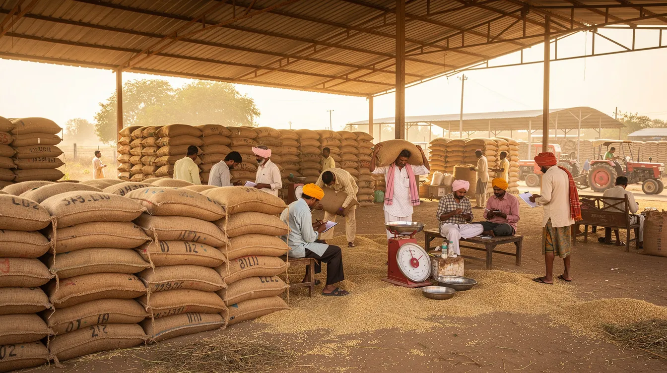 The image depicts stacks of grain sacks in an agricultural wholesale mandi, bustling with farmers and traders engaged in lively discussions. This scene highlights the wholesale business environment, showcasing the distribution of raw materials essential for various profitable wholesale business ideas in India.