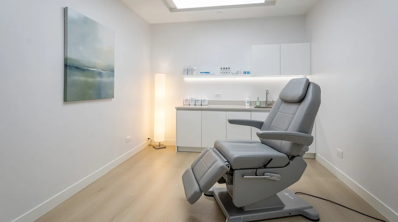 The image shows a clean and modern medical treatment room designed for aesthetic procedures, featuring a comfortable chair and soft, inviting lighting. This serene environment is ideal for clients seeking botox injections, dermal fillers, and other treatments to enhance their natural beauty and achieve a more youthful appearance.