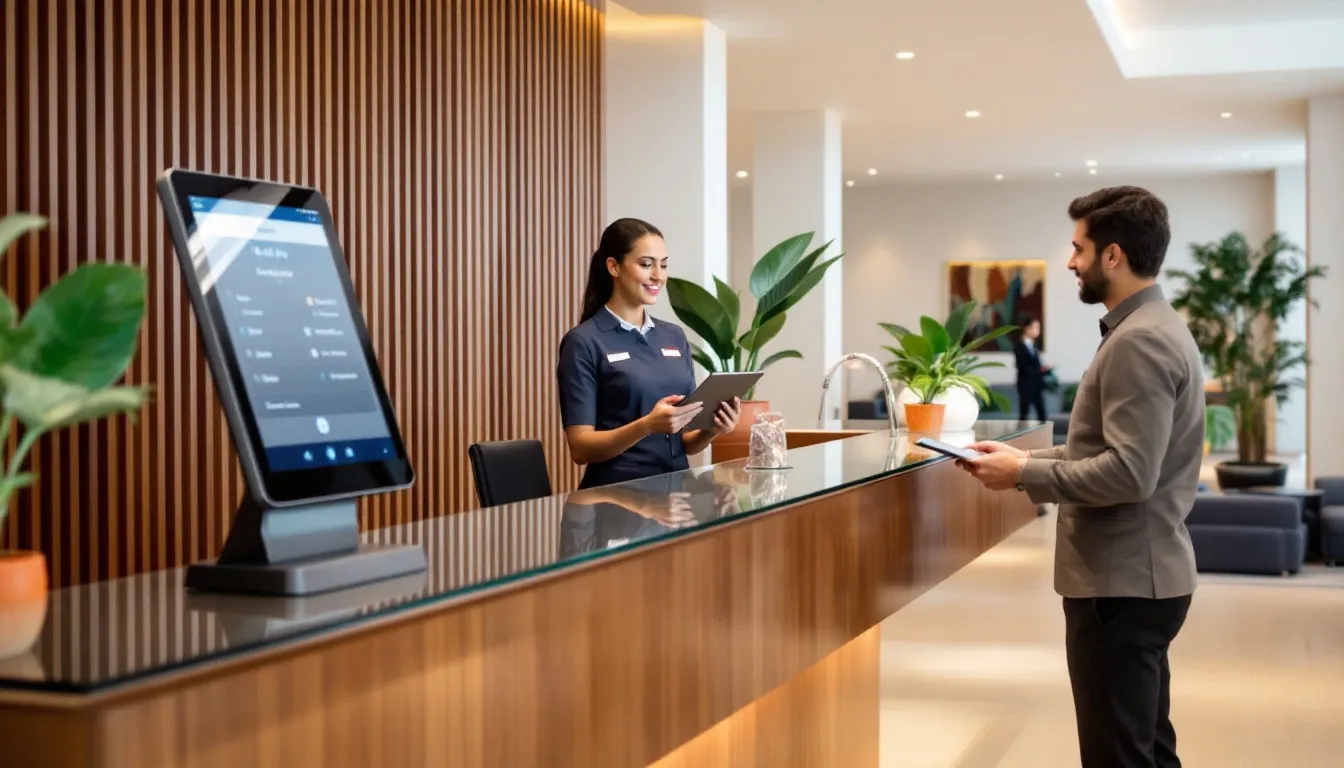 The image shows a hotel reception desk featuring a digital check-in kiosk, with a staff member using a tablet to assist guests, enhancing the guest experience and streamlining hotel operations. This setup highlights the integration of advanced technology in the hospitality industry, aimed at improving guest satisfaction and facilitating the booking process.