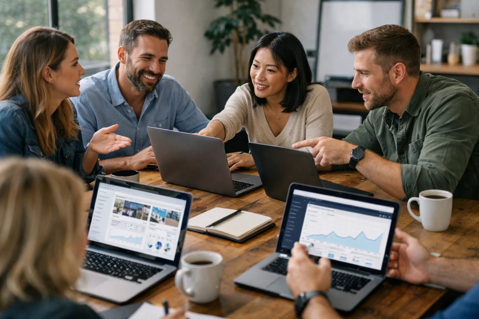 Marketing team collaborating around a table with laptops open, discussing multi-channel campaign strategy.