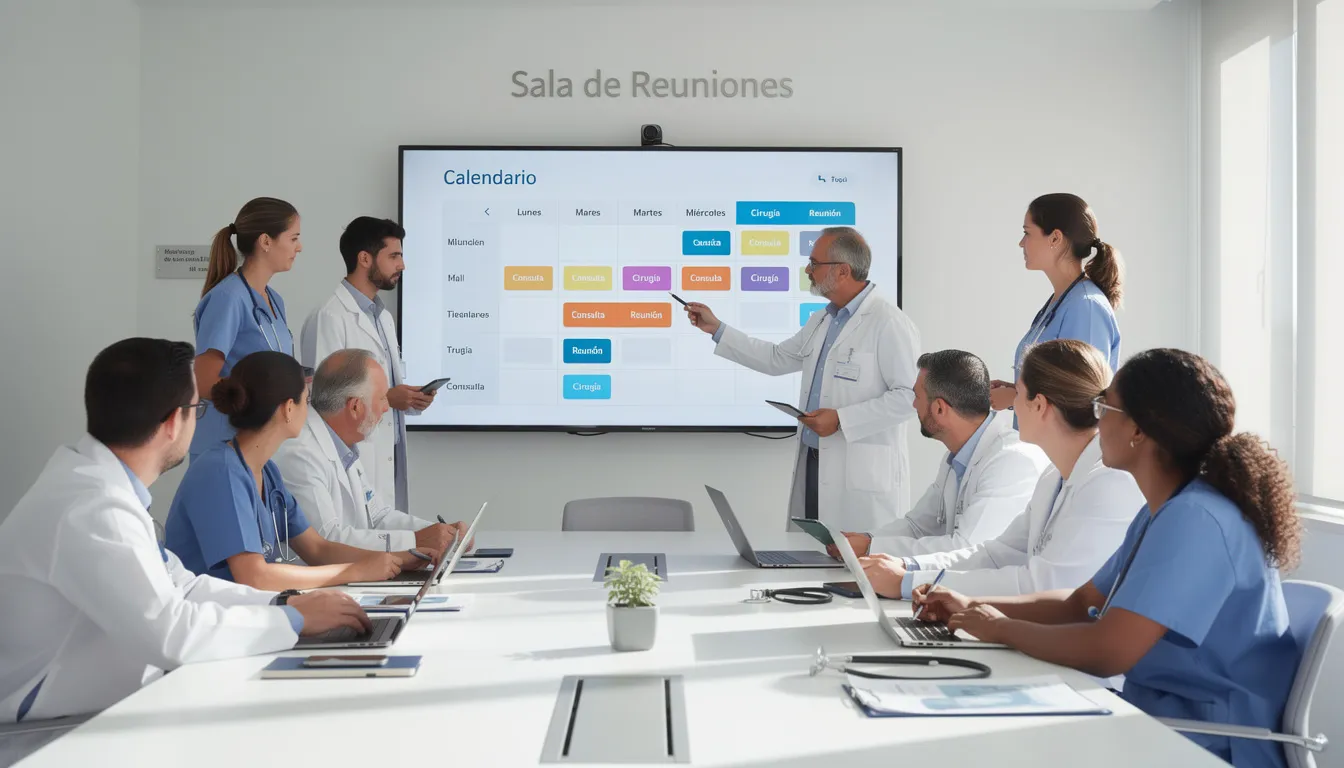 Un equipo médico se encuentra reunido frente a una pantalla grande, revisando la agenda médica digital para coordinar las citas de los pacientes. La imagen refleja un ambiente de colaboración y organización en un consultorio, donde se gestionan eficientemente los tiempos de espera y las consultas.