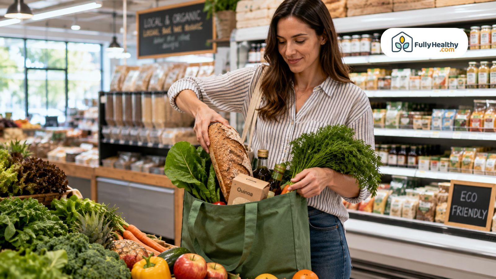 Shopper choosing vegan friendly bread and fresh groceries inside natural food market