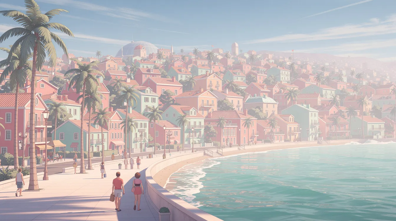 Die weitläufige rosa Stadtlandschaft zeigt pastellfarbene Häuser und Palmen, die sich harmonisch entlang einer geschwungenen Strandpromenade erstrecken, alles unter einem strahlend blauen Himmel. Diese Szenerie könnte direkt aus einem "Barbie"-Film stammen, der die bunte und fantasievolle "Barbie-Welt" verkörpert.