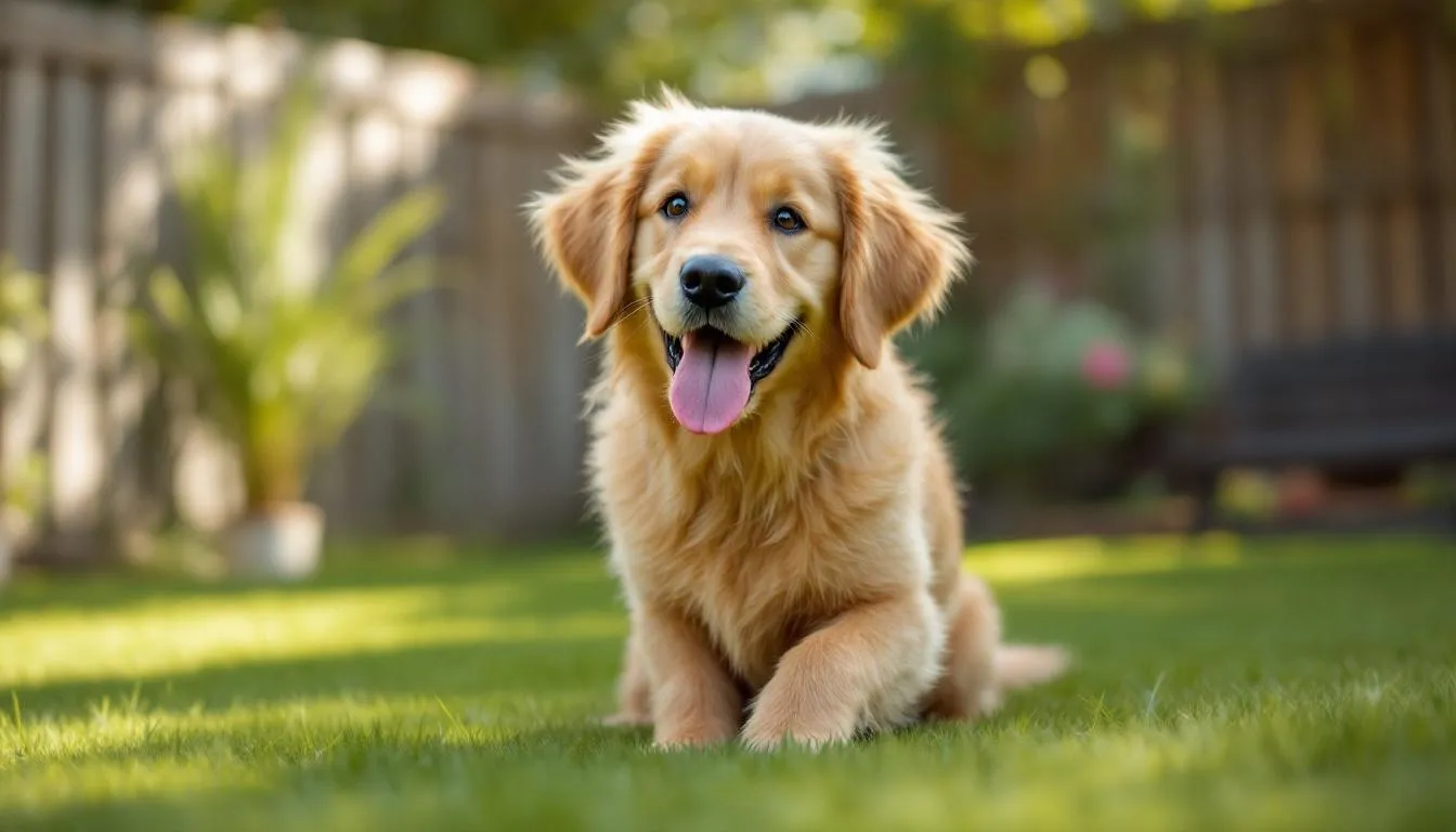 In a fenced backyard, a teddy bear goldendoodle puppy joyfully plays with children, showcasing a heartwarming family interaction. The scene captures the playful spirit of this non-shedding family pet, perfect for creating cherished memories.