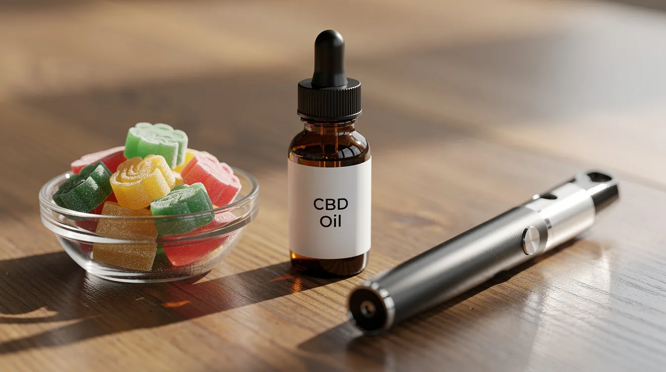 The image features an assortment of CBD products, including a tincture bottle, colorful gummies, and a sleek vape pen, all neatly arranged on a rustic wooden surface. These items represent various delivery methods of CBD, showcasing the potential benefits and effects of cannabidiol for users seeking relief from anxiety or pain.