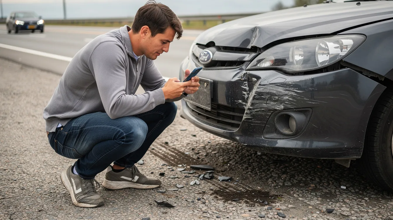 A person is crouching near a damaged car on the road shoulder, using a smartphone to take photos of the vehicle damage, potentially for insurance claims or to capture crucial evidence of the car accident. The scene depicts the aftermath of the incident, highlighting the importance of obtaining traffic camera footage for legal purposes.