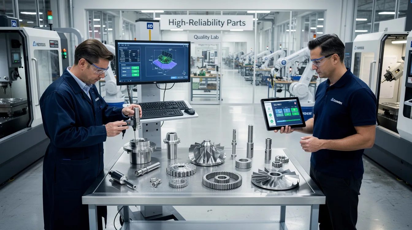 The image showcases a modern manufacturing facility specializing in precision sheet metal fabrication, highlighting the commitment to consistent quality and quality control. It features advanced machinery for CNC machining and laser cutting, emphasizing the company's ISO 9001 certification and dedication to producing high-reliability parts for aerospace and medical applications.