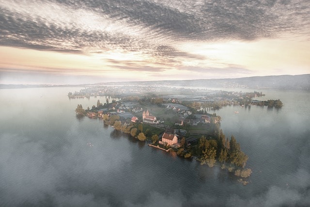 island, fog, water