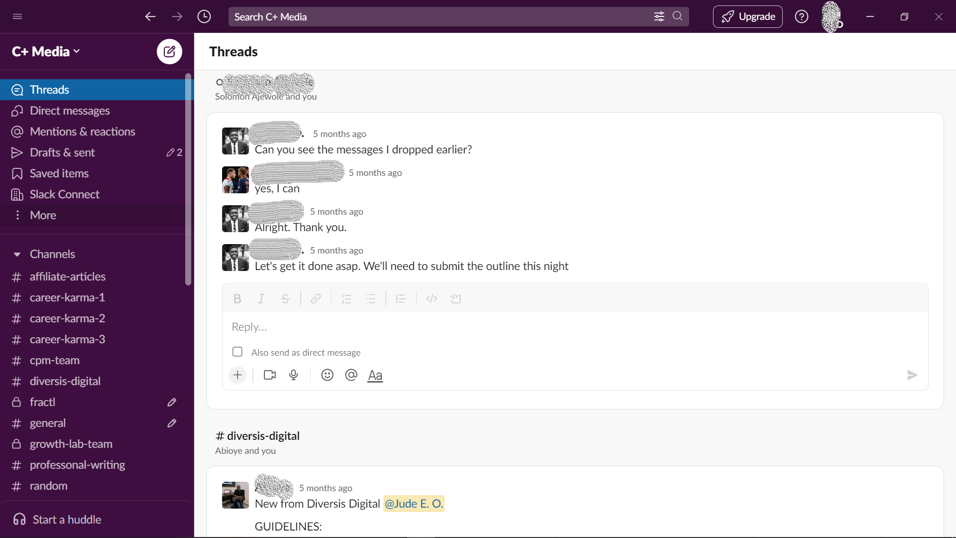 Screenshot of Slack conversation threads