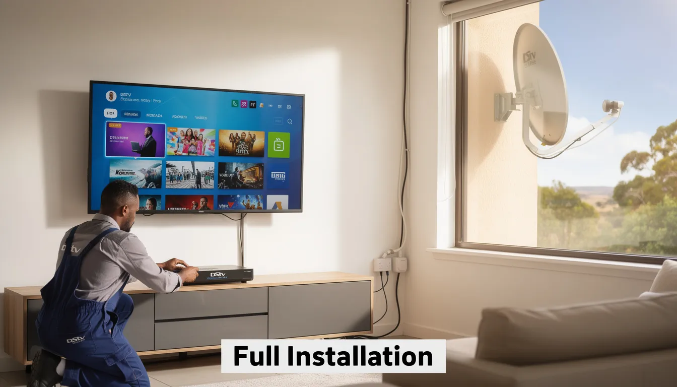 The image depicts a professional DStv installer performing a full installation of a DStv Explora system, which includes setting up a satellite dish, aligning it for optimal signal quality, and configuring the decoder for various channels. The installer is equipped with the latest tools and is focused on ensuring a seamless installation experience for customers in Velddrif.