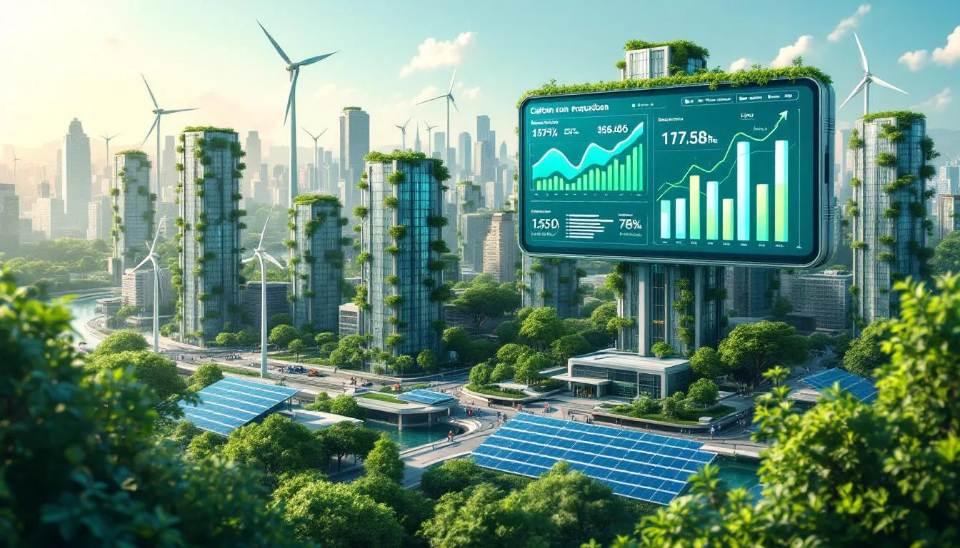 In the image, a diverse group of individuals collaborates around a table filled with technology, discussing the role of artificial intelligence in combating climate change. They are focused on innovative solutions to reduce greenhouse gas emissions and improve energy efficiency, highlighting the potential of AI-driven technologies to support a sustainable future.