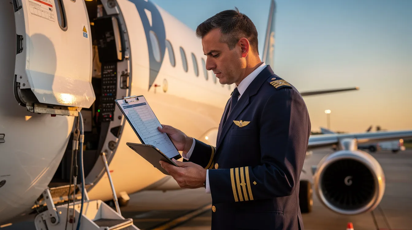 A professional pilot in uniform is conducting pre-flight checks on a complex aircraft, ensuring all systems are operational before takeoff. This meticulous process is essential for safety and is a crucial part of the aviation career for those pursuing a commercial pilot license (CPL).