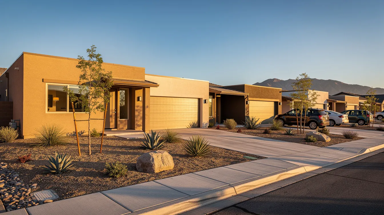 The image depicts a row of modern single-story rental homes in a suburban neighborhood in Nevada, featuring desert landscaping typical of the region. These properties are ideal for real estate investors looking to capitalize on the rental income potential in the Las Vegas area.