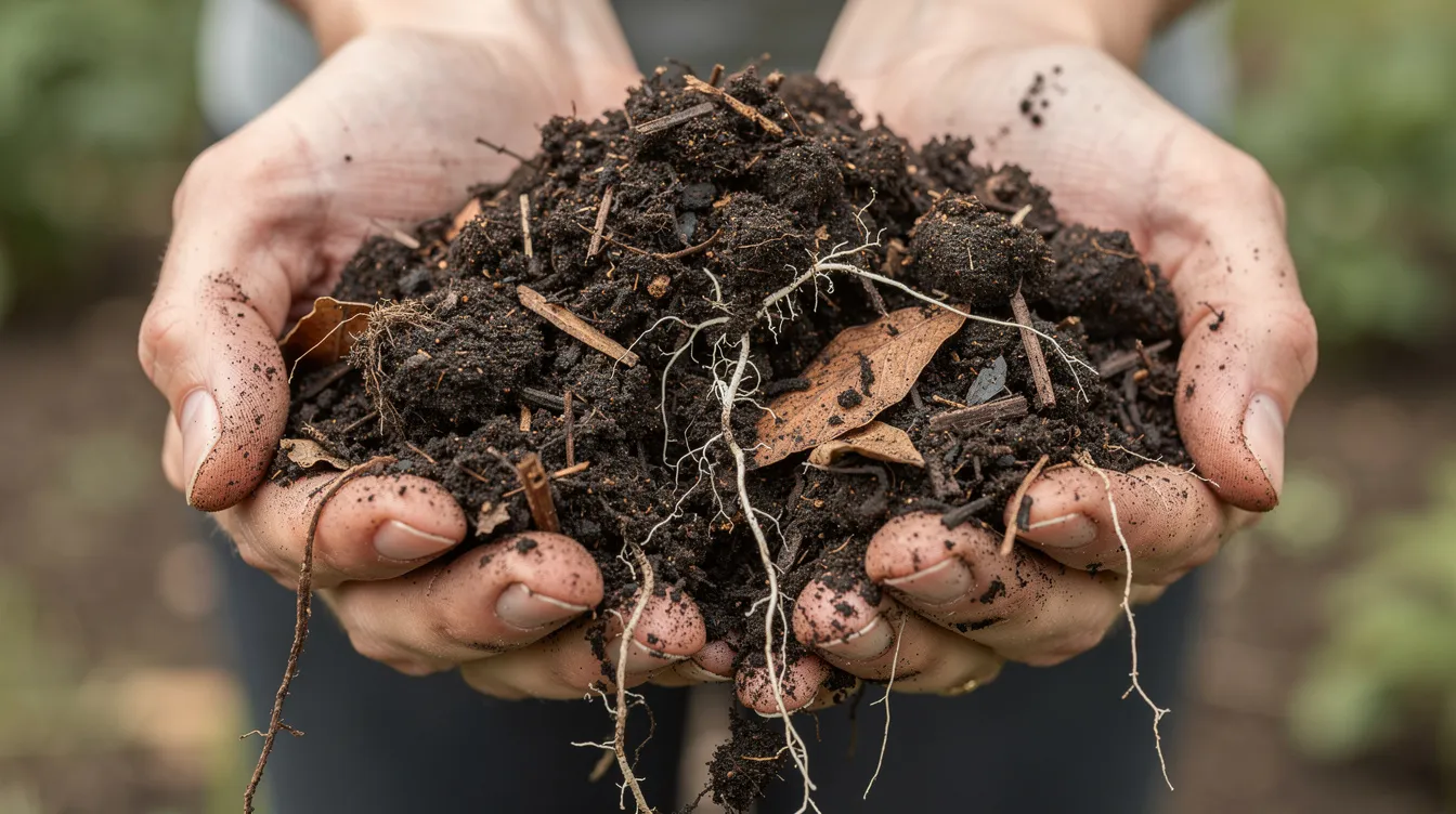 The image shows hands holding dark, crumbly compost soil with visible small plant roots, emphasizing the importance of organic matter for soil fertility in an organic garden. This rich soil is essential for growing healthy vegetables and supports beneficial insects in the garden ecosystem.