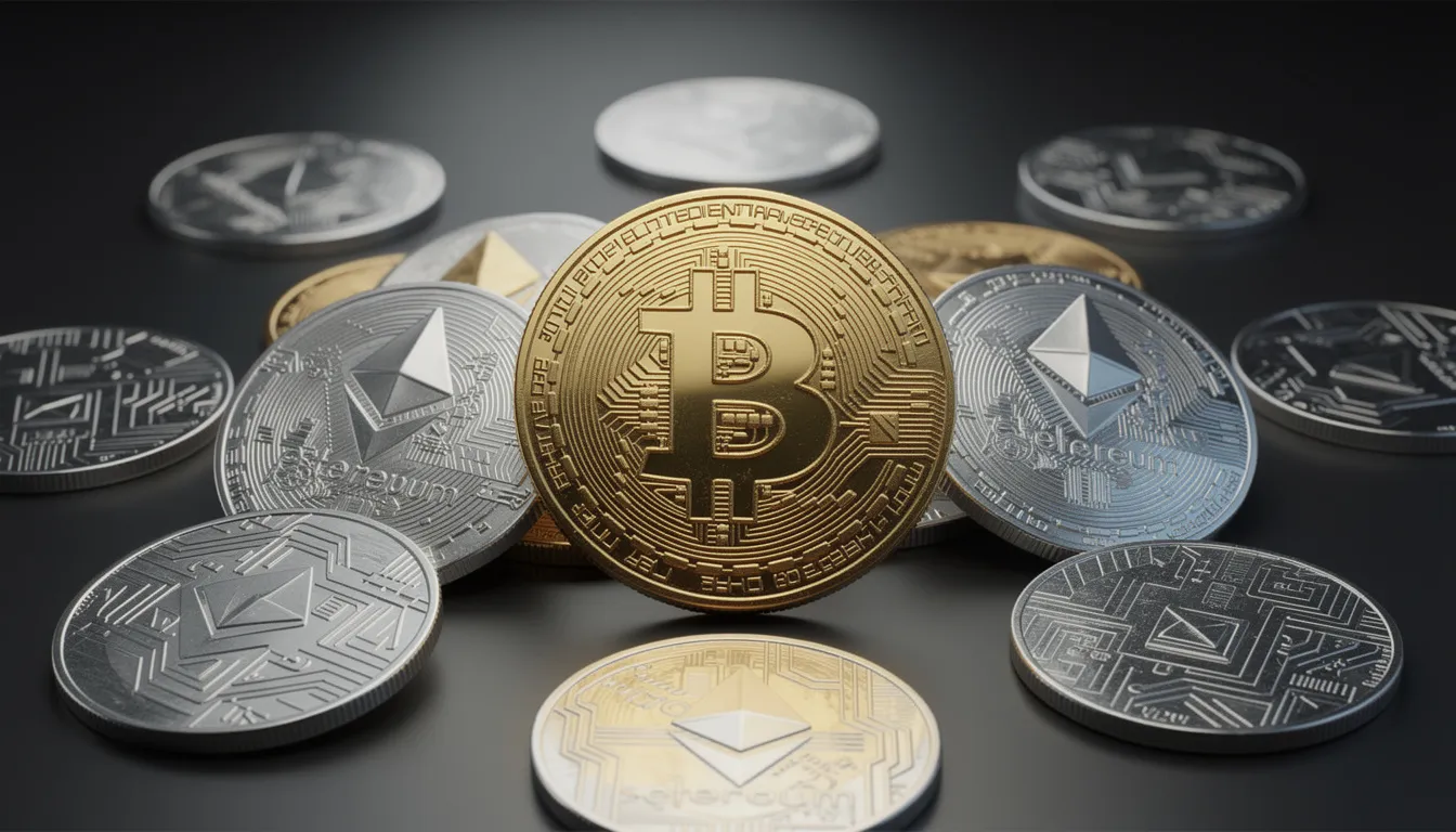 The image features a collection of various cryptocurrency coins, prominently displaying Bitcoin and Ethereum among others, symbolizing the world of virtual currency. This visual representation highlights the growing significance of digital assets in online platforms like stake.us, where users can explore bonuses and promotional codes for enhanced gaming experiences.