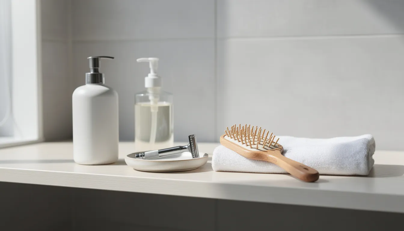 The image features a neatly arranged collection of simple grooming products on a bathroom shelf, including tallow balm, honey balm, and cold-pressed olive oil, all designed to nourish and hydrate various skin types. These natural ingredients are ideal for addressing issues like dry skin and irritation, providing deep hydration and skin benefits while promoting a healthy glow.