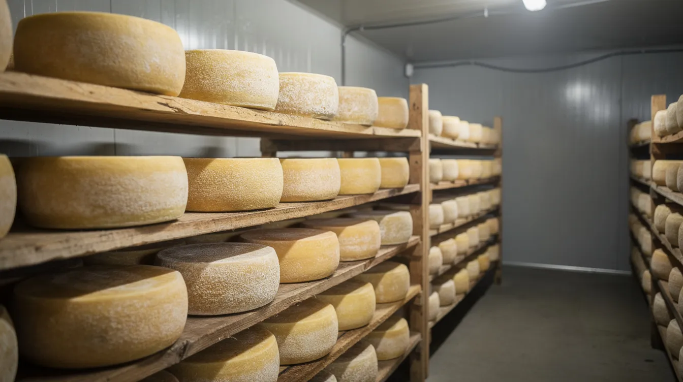 The image depicts rows of cheese wheels aging on wooden shelves within a temperature-controlled ripening room, showcasing the cheese manufacturing process. This environment is crucial for cheese production, ensuring optimal aging conditions that contribute to the final product's quality in the cheese industry.