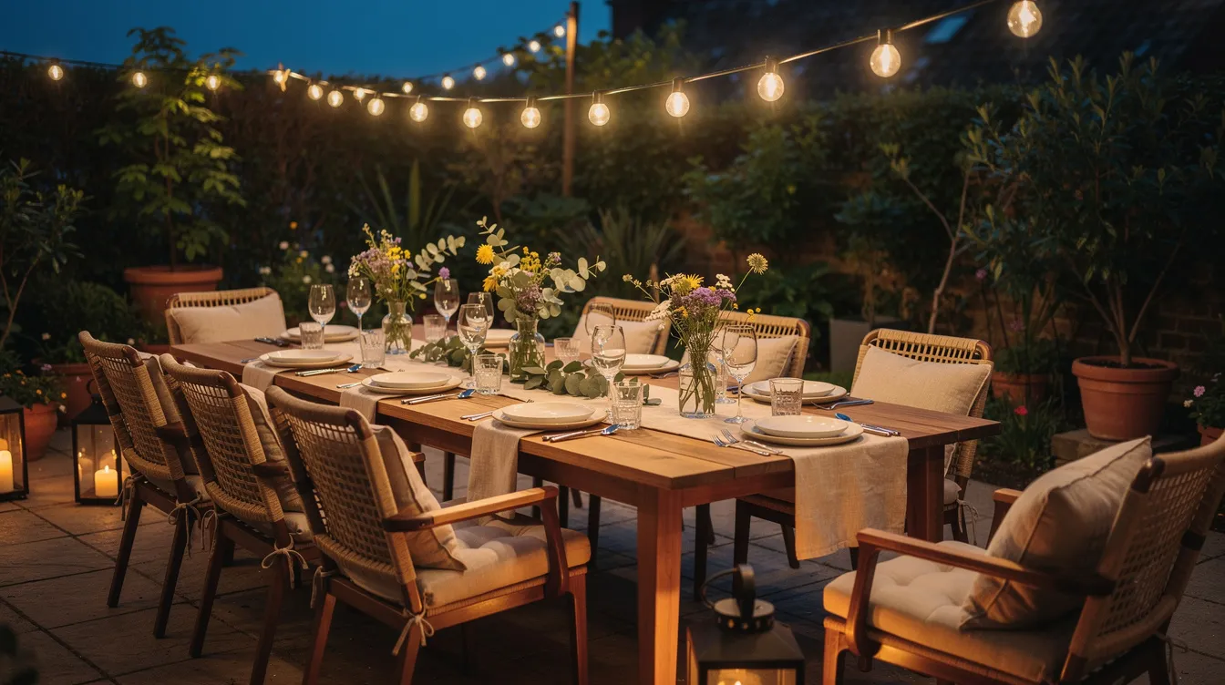 The image depicts a stylish outdoor dining area at dusk, featuring a modern outdoor dining set with comfortable chairs and festoon lights creating a warm ambiance. This inviting outdoor space is perfect for enjoying quality time with family and friends.