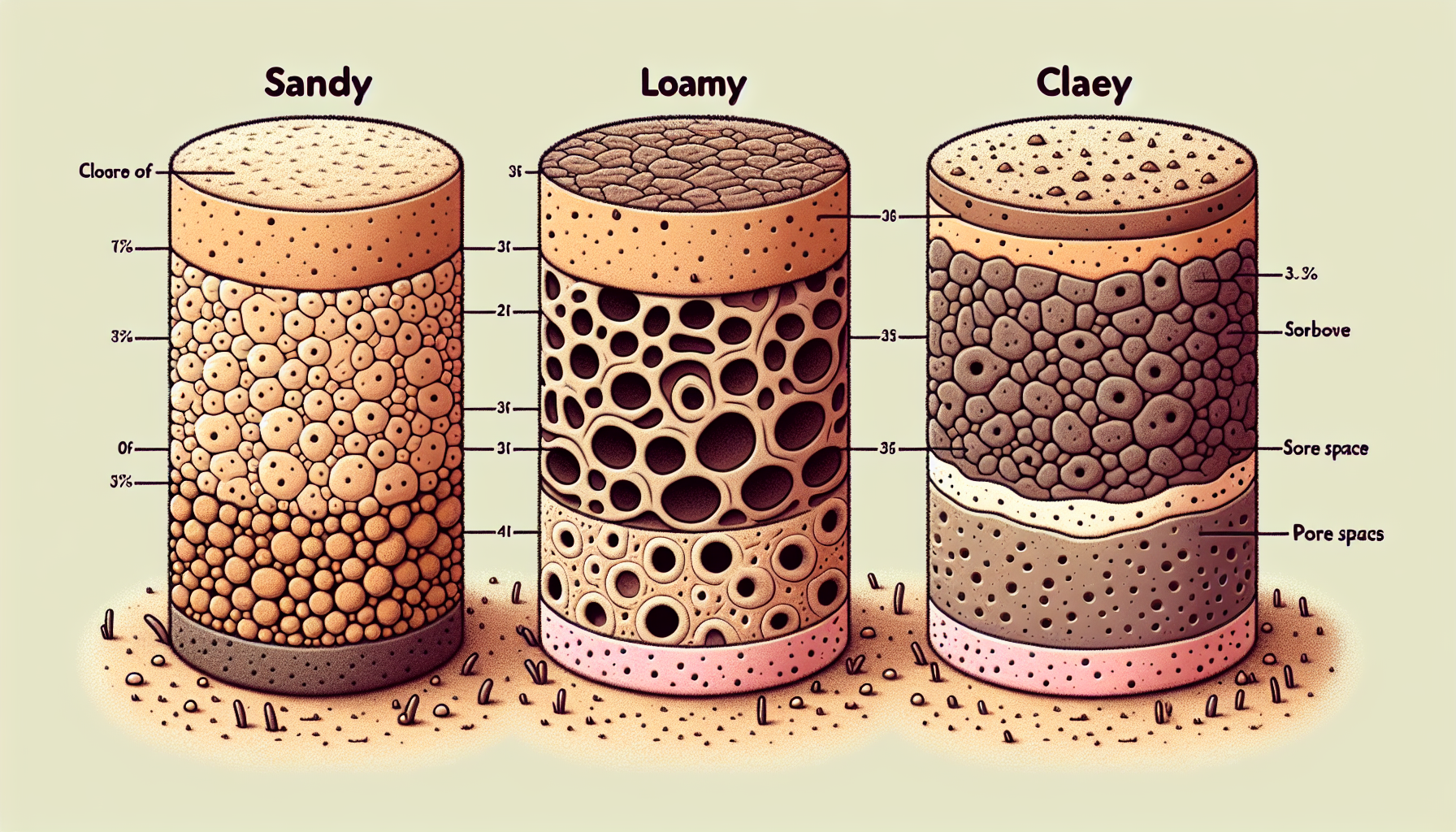 Comparison of soil textures - sandy, loamy, and clayey