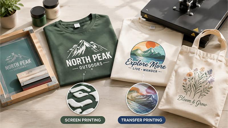 Logo font printing examples showing how typography appears on custom apparel and promotional items