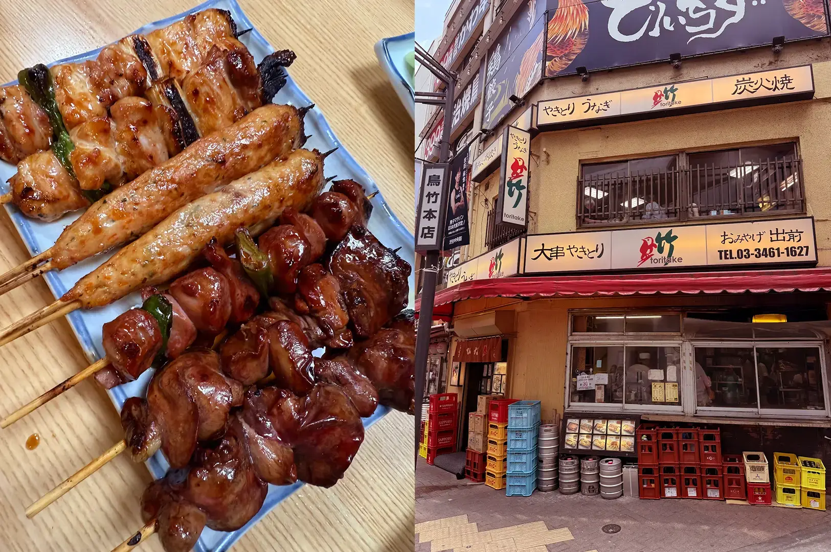 Toritake shows glossy yakitori skewers on a tray beside a street-level storefront with Japanese signage and stacked crates.