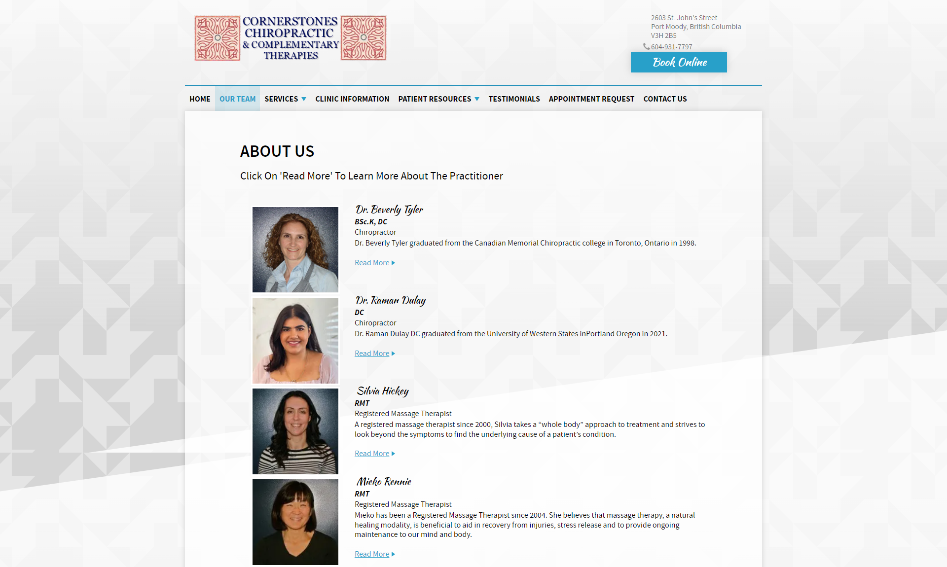 Cornerstones Chiropractic & Complementary Therapies staff page featuring photos and brief biographies of chiropractors and massage therapists.