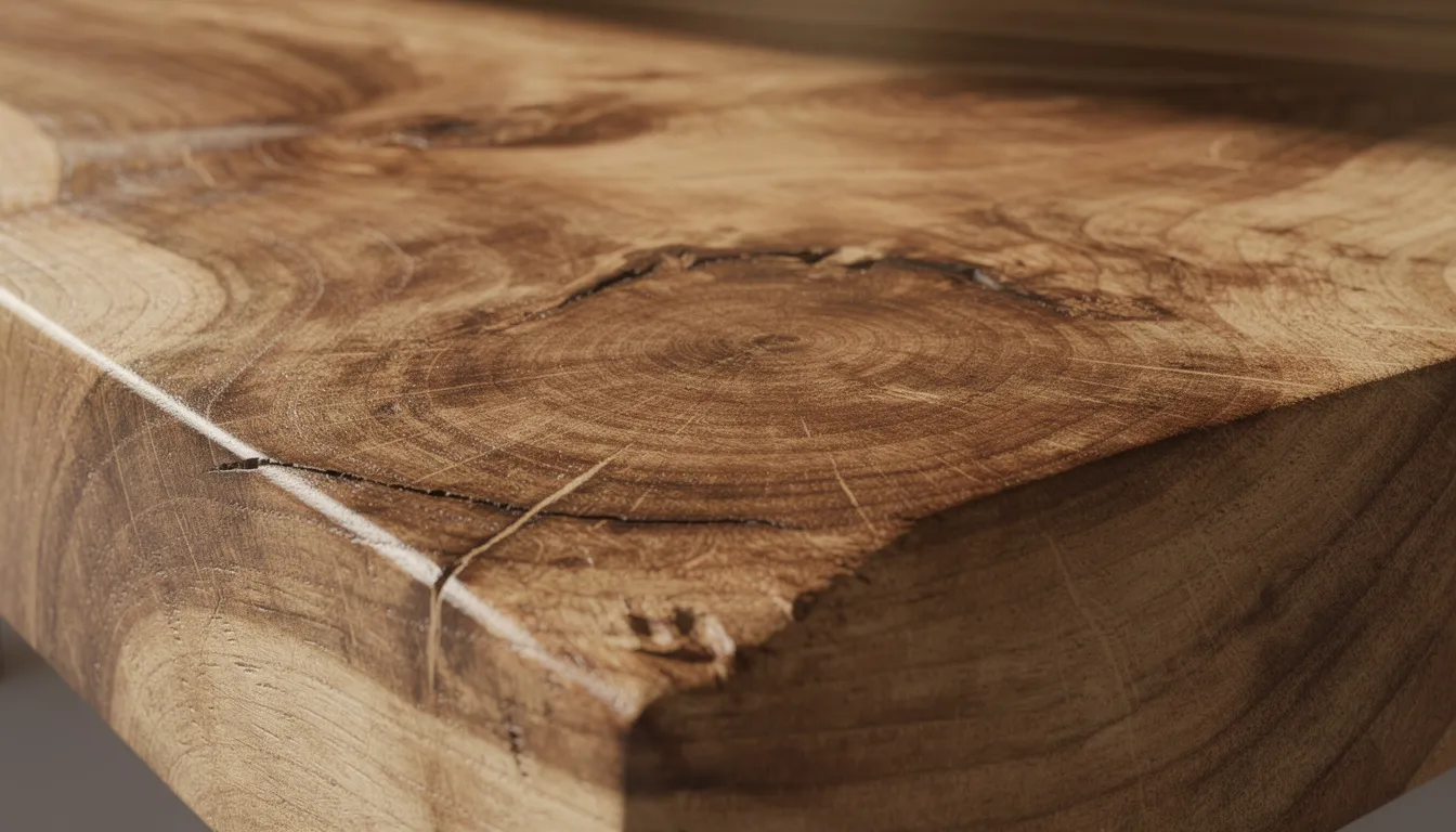 Närbild på en massiv ekskiva där den naturliga trästrukturen och ådringsmönstret tydligt syns. Denna vackra design kan passa perfekt i många rum i hemmet och finns bland utbudet av populära produkter hos inredningsbutiker.