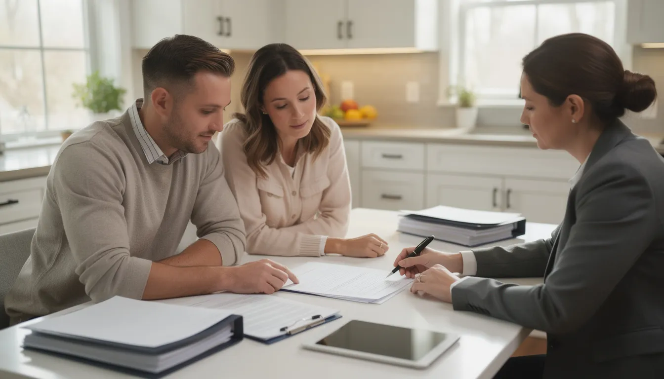 A couple is seated at a kitchen table, reviewing paperwork with their licensed real estate agent, who is guiding them through the home inspection process. The documents likely include a detailed report on the property's condition, highlighting potential issues such as structural integrity and necessary repairs.