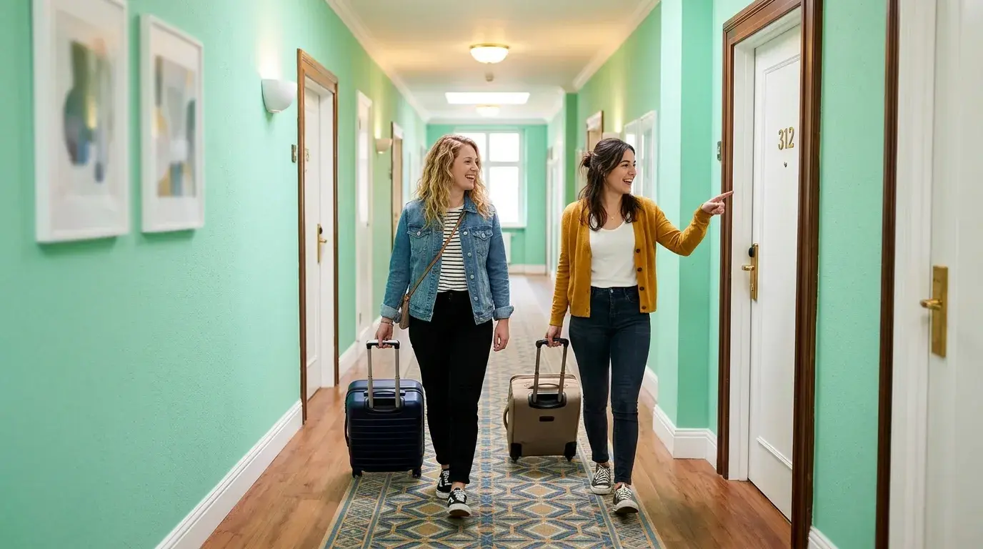 Two travellers with suitcases walking down a hotel corridor