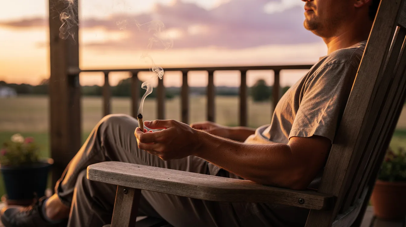 A person is sitting on a porch at sunset, holding a lit pre-rolled hemp joint, with gentle smoke rising into the warm evening air. The scene captures a moment of relaxation and tranquility, highlighting the enjoyment of smokable hemp and the calming effects of CBD pre rolls.
