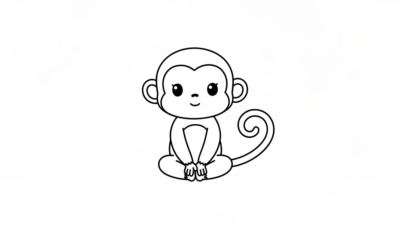 A cute cartoon monkey is depicted sitting with a curly tail, illustrated in a simple line drawing style. The monkey's face features expressive eyebrows and a playful smile, making it an adorable sketch suitable for kids and beginners learning how to draw a monkey.