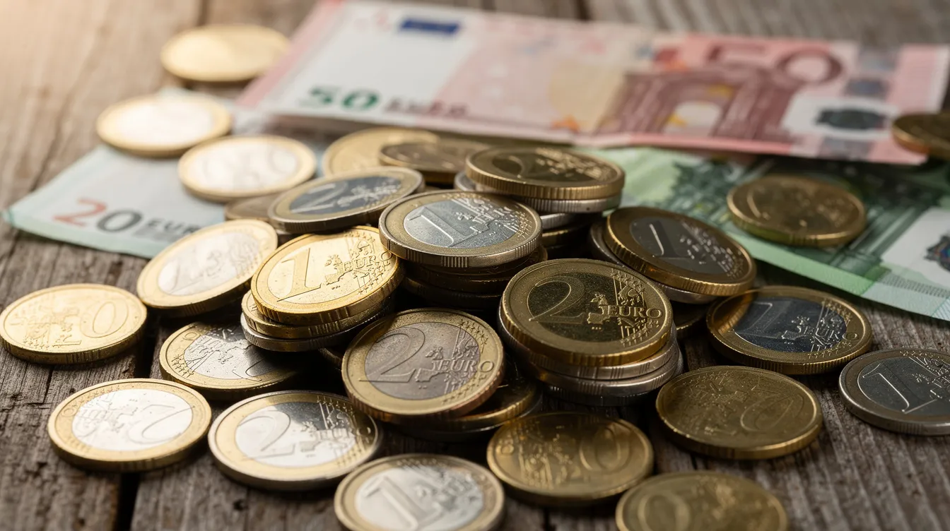 A close-up photograph showcases a spread of euro coins and banknotes on a wooden table, highlighting the official currency symbol of the European Union. The image captures the intricate designs of the currency, including the recognizable euro sign, amidst a warm, natural wood backdrop.