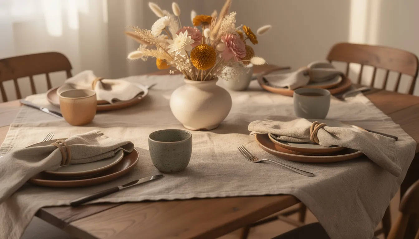Een sfeervolle eetkamertafel in landelijke stijl, gedekt met keramieken servies en linnen servetten, omringd door stoelen van massief hout. In het midden staat een lage vaas met droogbloemen, wat zorgt voor een gezellige uitstraling in het interieur.