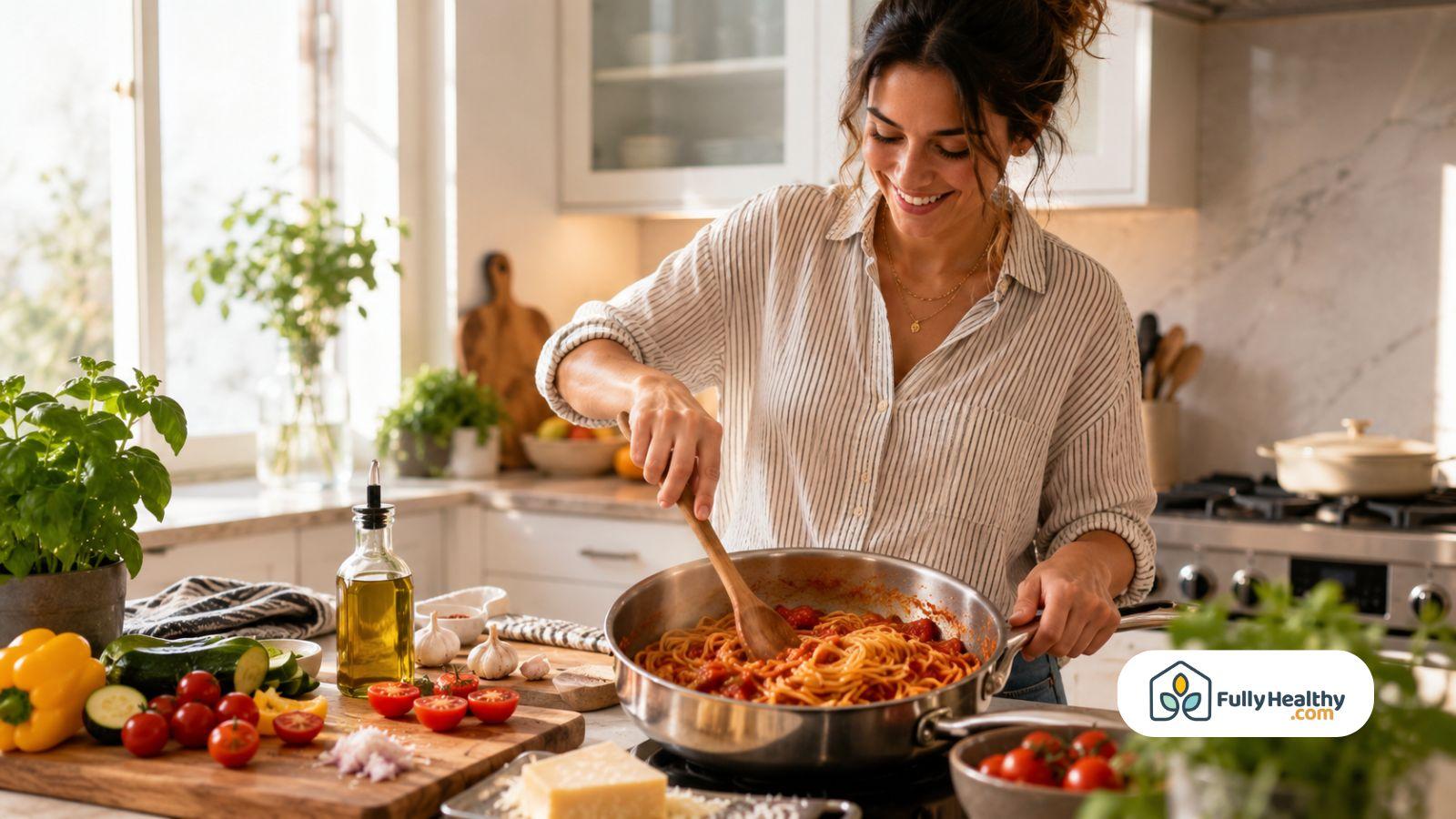 Home cook preparing fresh spaghetti with tomato sauce in bright modern kitchen