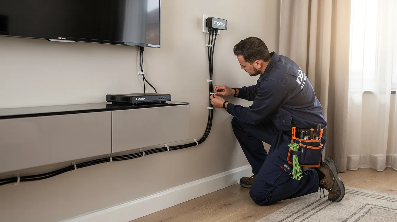 A technician is meticulously routing cables along a wall during a DStv installation in a home, ensuring a neat setup for the satellite dish and decoders. This professional service highlights the importance of proper cable management for optimal signal and customer satisfaction.