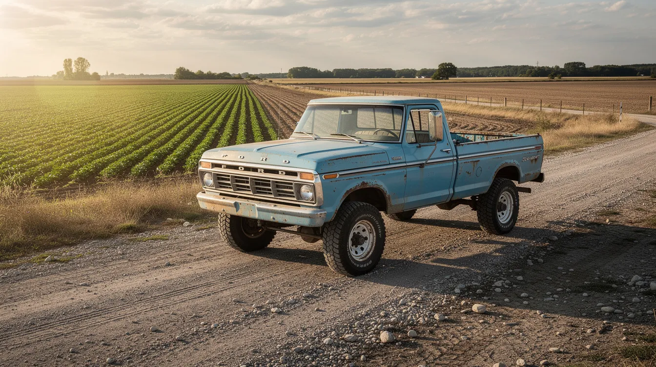A classic 1970s Ford F-250 Highboy, painted in a faded blue, is parked on a gravel farm road with expansive fields in the background, showcasing the rugged charm of vintage trucks. This nostalgic scene evokes memories of simpler times and the enduring appeal of Ford vehicles.