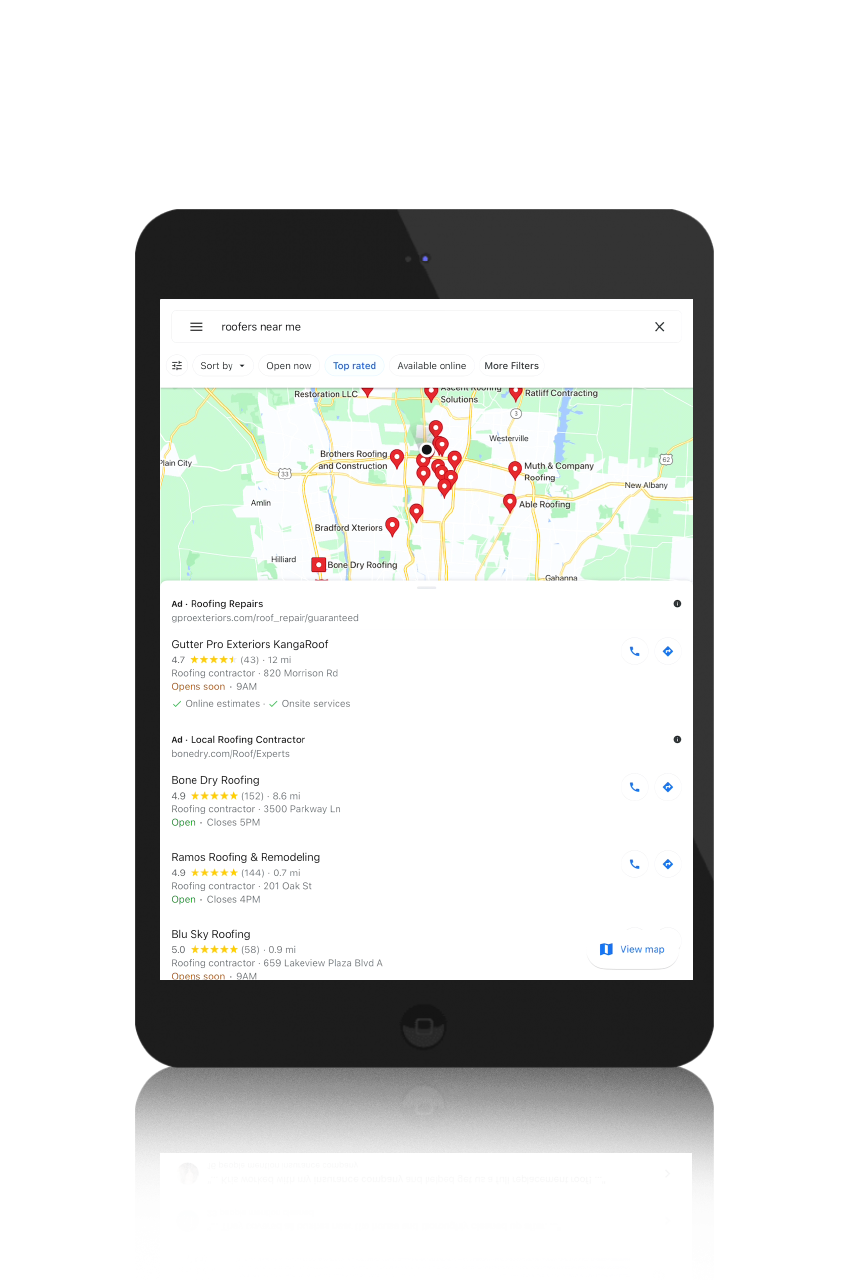 image of an iPad displaying local Google Maps results.