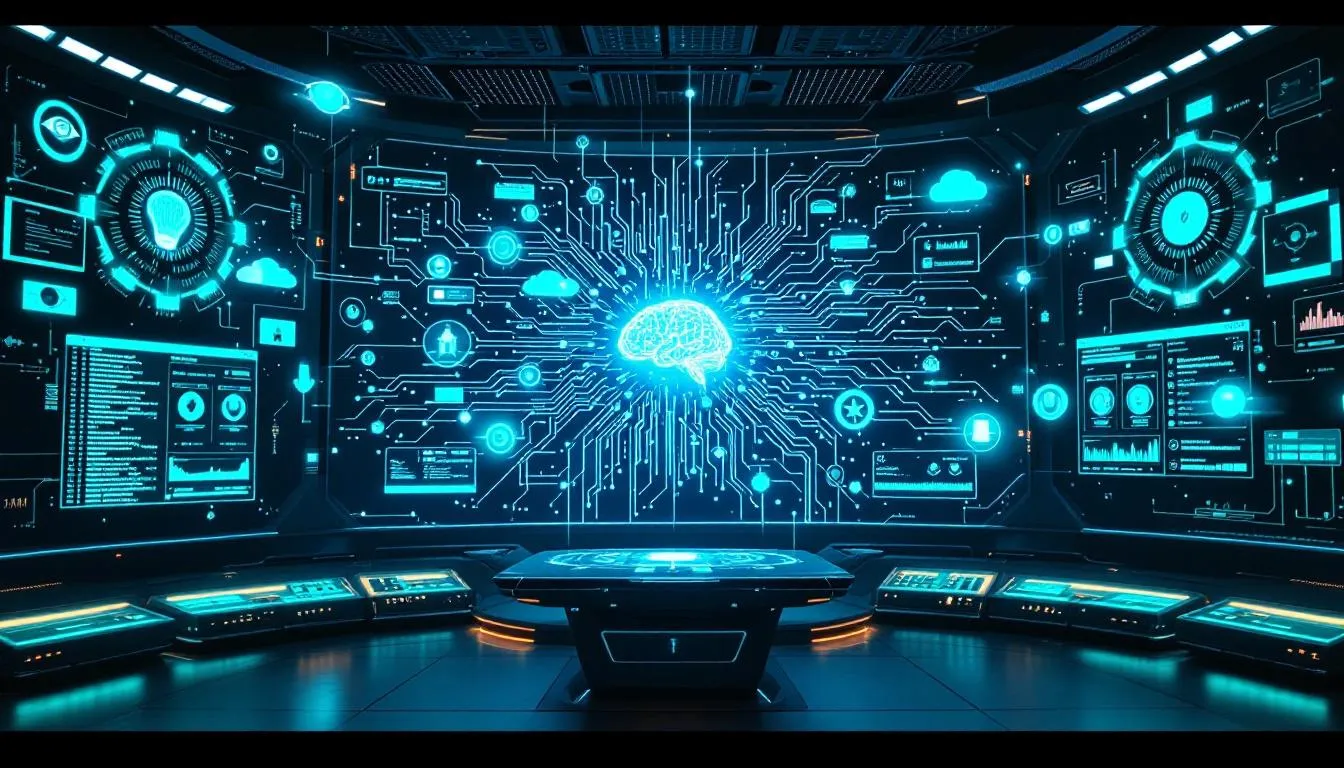 The image depicts a futuristic scene illustrating the rise of multimodal AI, showcasing machines that can see, hear, and understand the complexities of human experience. It emphasizes the powerful capabilities of AI systems in perceiving sound and recognizing patterns, highlighting the potential for genuine human connection in a modern world reshaped by technology.