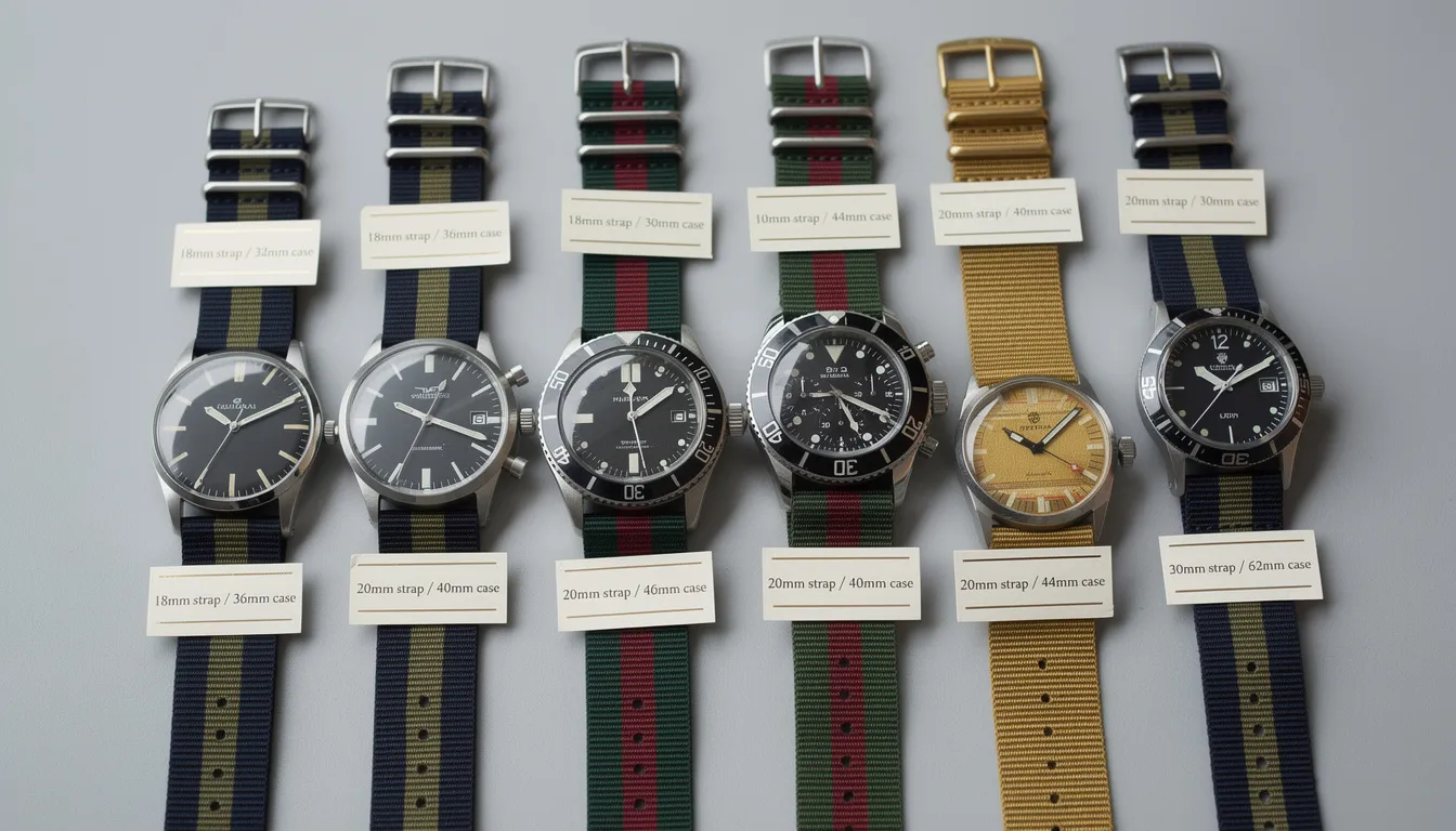 The image showcases various types of watches paired with different regimental watch straps, highlighting how these military watch straps complement diverse case dimensions. The straps include colors like green, grey, and brown, demonstrating their fit on military watches, including those inspired by the Royal Navy.