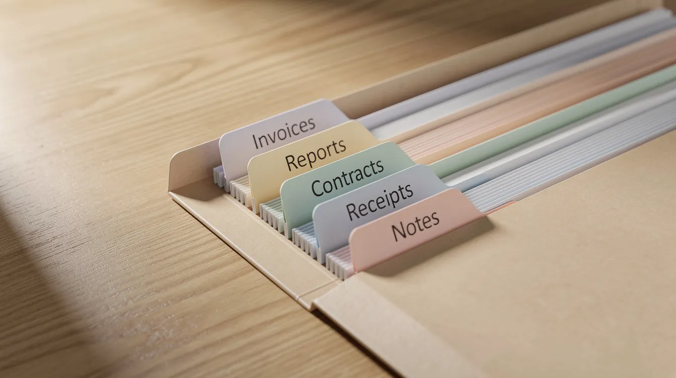 b9fdae56 7a96 4504 a94e c651ff9a1043 The image shows a neatly organized file folder on a wooden desk, featuring labeled document tabs that likely include important paperwork such as bank statements and loan documents. This setup suggests a focus on financial organization, possibly related to the management of mudra loan renewal documents for eligible borrowers and micro enterprises.